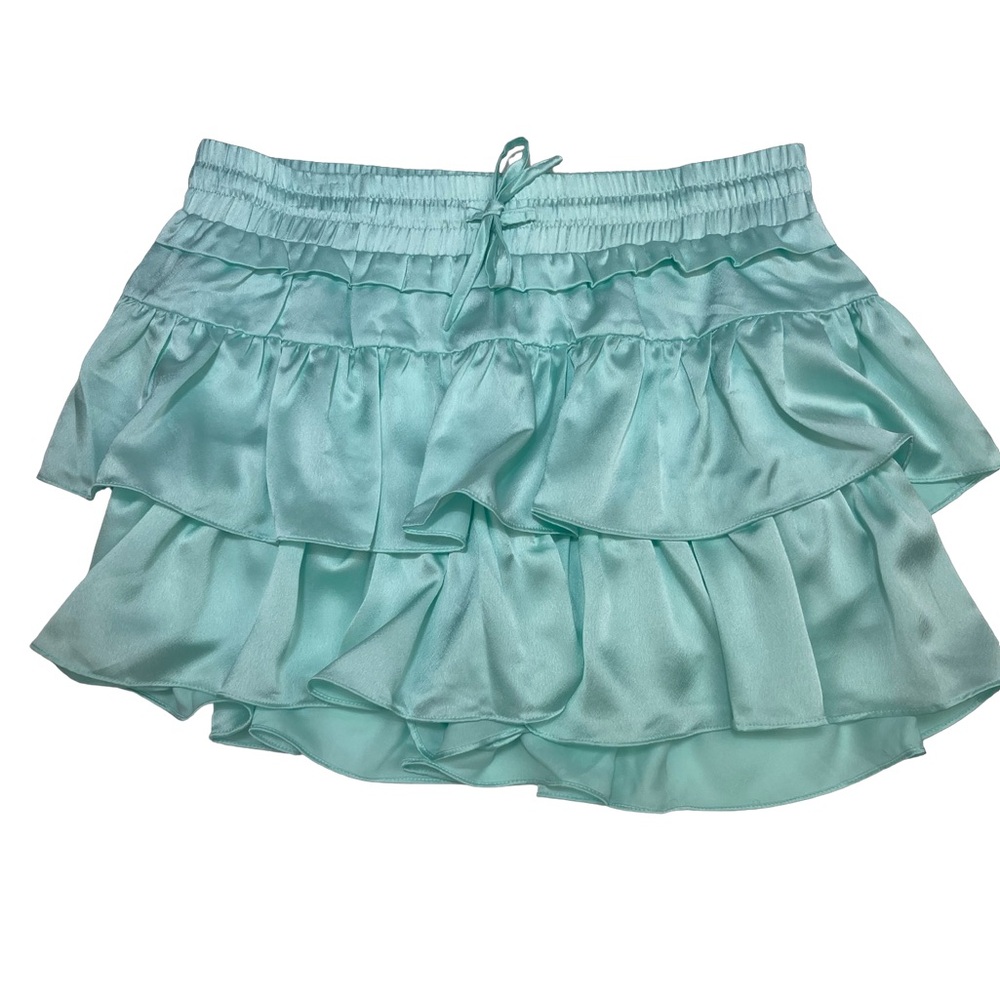 Aqua Tiered Ruffle Mini Skirt with Elastic Waist and Tie